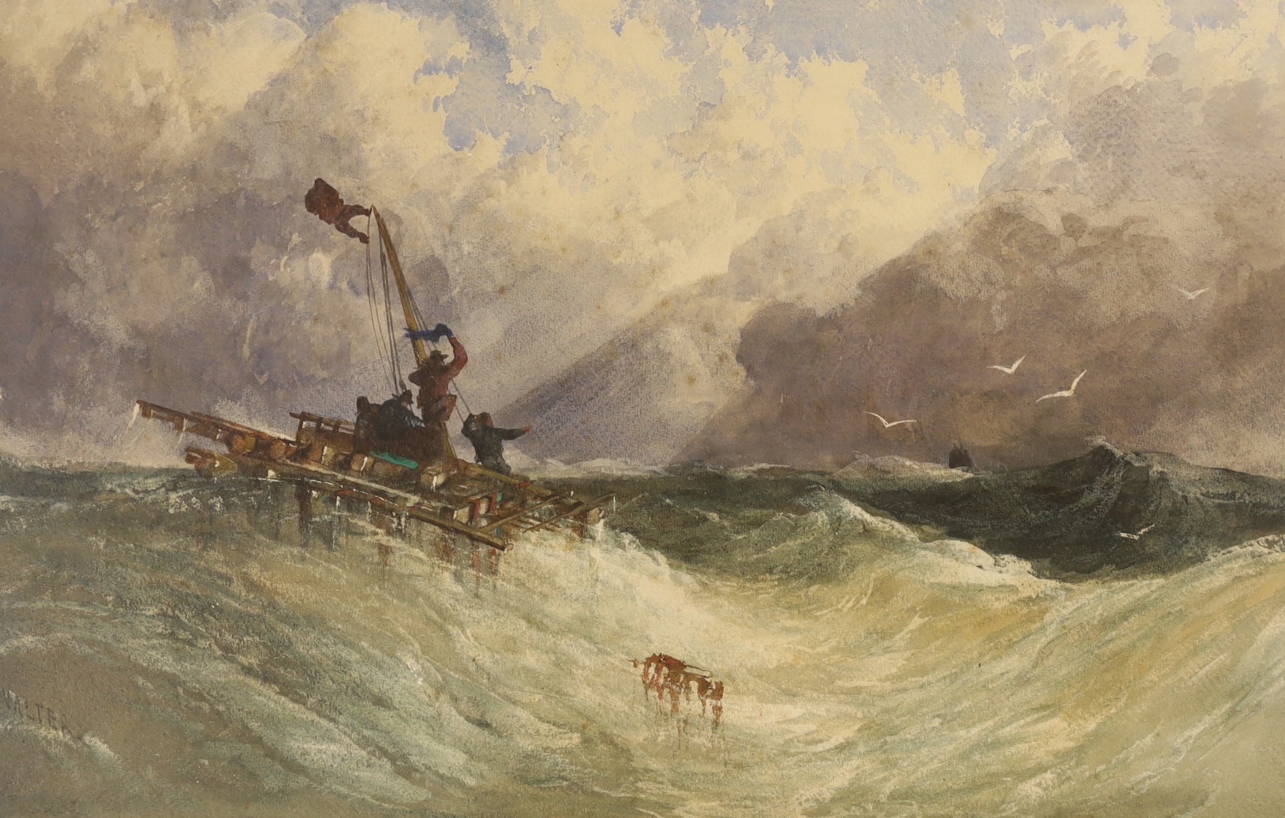 Henry Valter (fl.1854-64), watercolour, Shipwrecked sailors, signed, 38 x 61cm